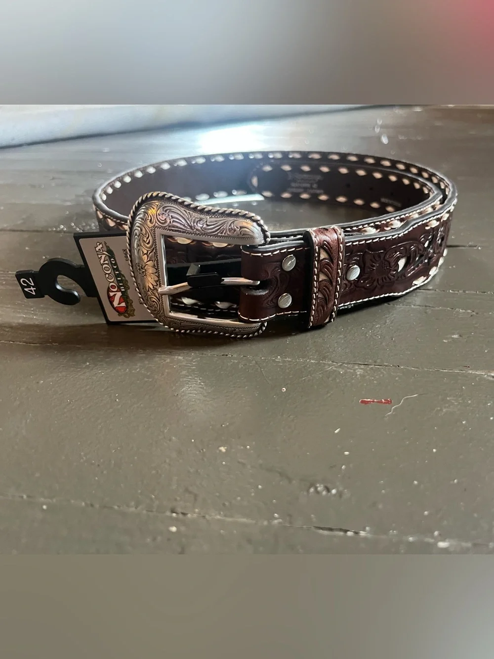 Nocona Dark Brown Tooled Leather Belt with Cream Inlay
